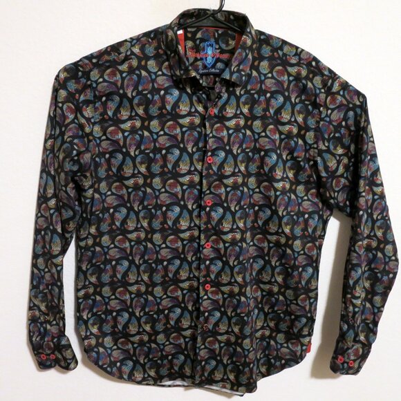 Luchiano Visconti Shirt Mens XL Long Sleeve Button Black Yellow Tear Drops - Picture 2 of 7